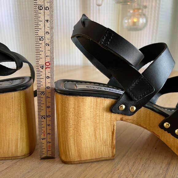 Steve Madden Black Leather Wood Block Heel Strappy Platform Heels Sandals Size 8 - Picture 7 of 8